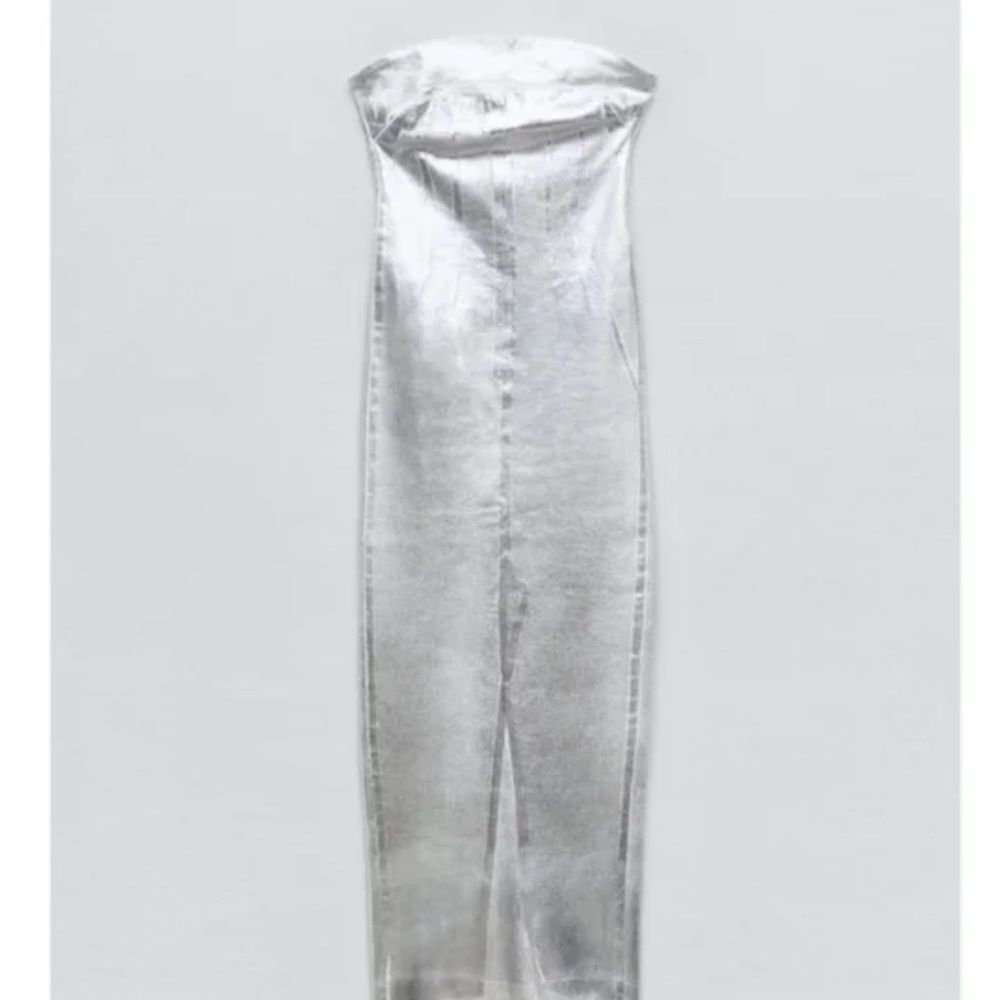 NWT Blogger Favorite Zara Silver Metallic Shiny Strapless Denim Dress - Picture 2 of 9